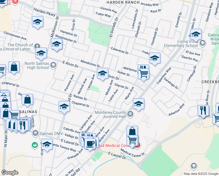 map of restaurants, bars, coffee shops, grocery stores, and more near 1465 Modoc Avenue in Salinas