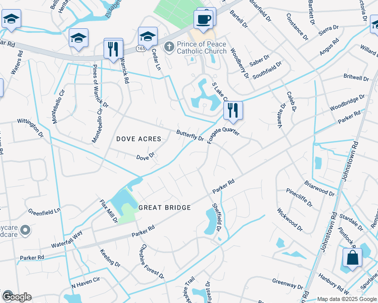 map of restaurants, bars, coffee shops, grocery stores, and more near 716 Millpike Court in Chesapeake