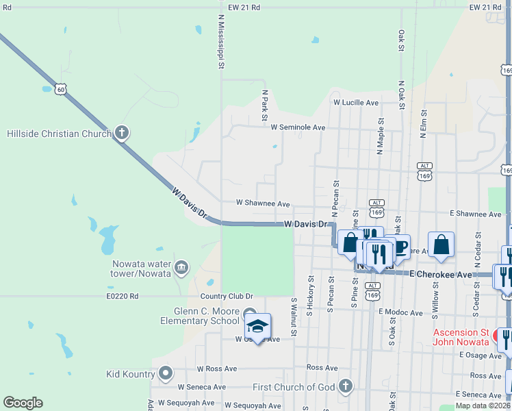 map of restaurants, bars, coffee shops, grocery stores, and more near 707 West Shawnee Avenue in Nowata