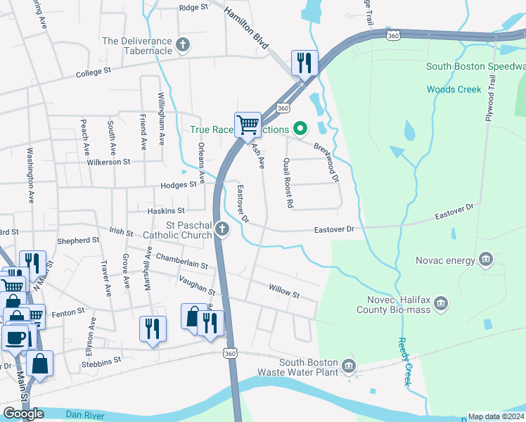 map of restaurants, bars, coffee shops, grocery stores, and more near 1090 Ash Avenue in South Boston