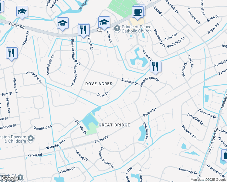 map of restaurants, bars, coffee shops, grocery stores, and more near 525 Dove Drive in Chesapeake