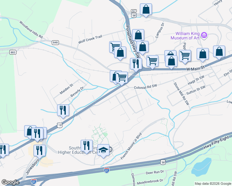 map of restaurants, bars, coffee shops, grocery stores, and more near 833 Colonial Road Southwest in Abingdon