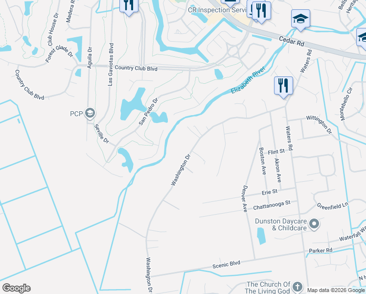 map of restaurants, bars, coffee shops, grocery stores, and more near 736 Washington Drive in Chesapeake