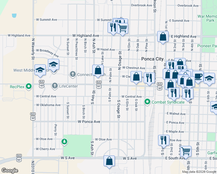 map of restaurants, bars, coffee shops, grocery stores, and more near 700 West Grand Avenue in Ponca City