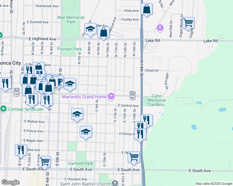 map of restaurants, bars, coffee shops, grocery stores, and more near 1101 Grand Avenue East in Ponca City