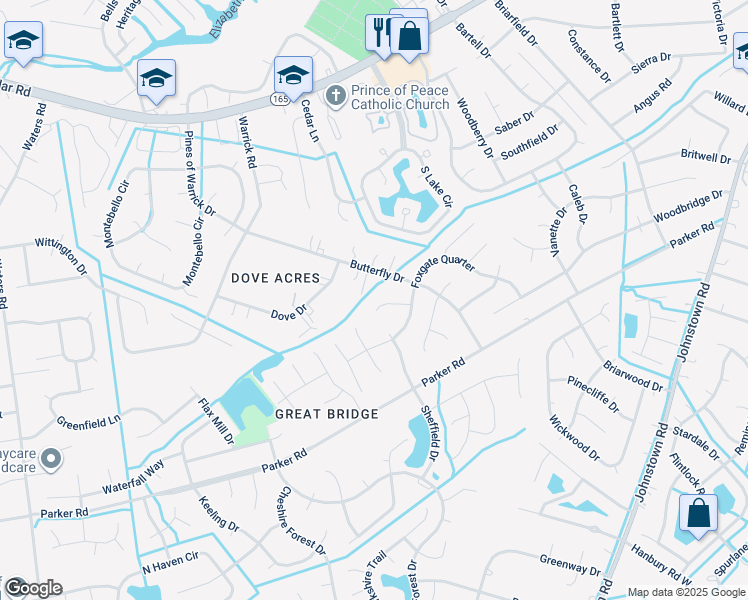 map of restaurants, bars, coffee shops, grocery stores, and more near 716 Millpike Court in Chesapeake