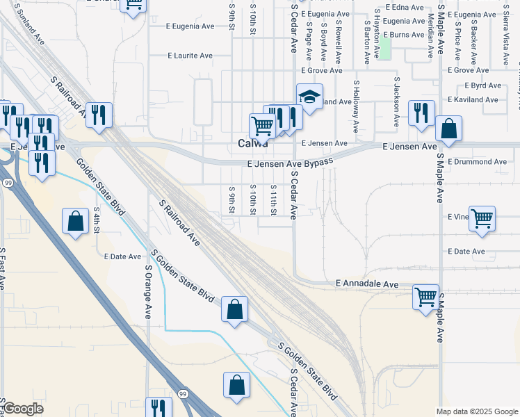 map of restaurants, bars, coffee shops, grocery stores, and more near 2689 South 10th Street in Fresno