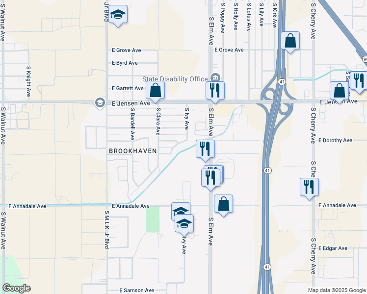 map of restaurants, bars, coffee shops, grocery stores, and more near 2681 South Ivy Avenue in Fresno