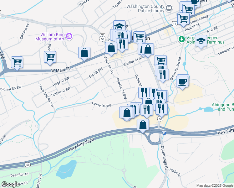 map of restaurants, bars, coffee shops, grocery stores, and more near 359 Roberta Street Southwest in Abingdon