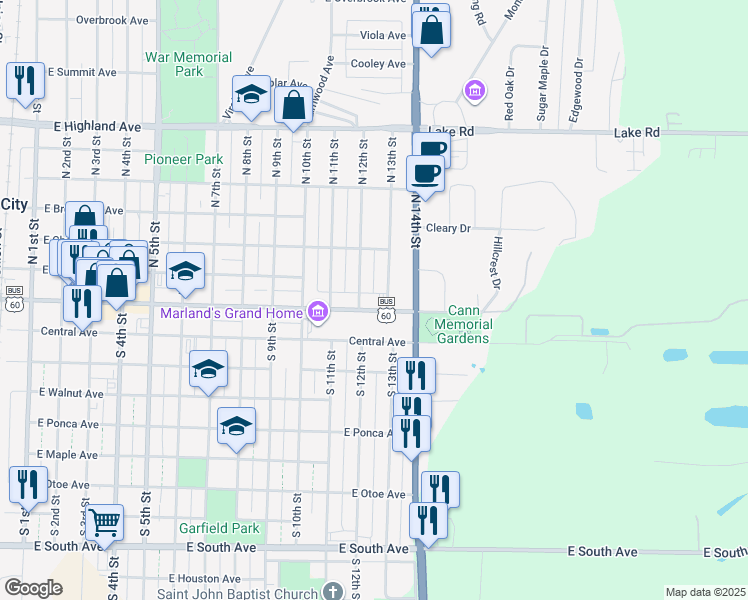 map of restaurants, bars, coffee shops, grocery stores, and more near 1201 East Grand Avenue in Ponca City