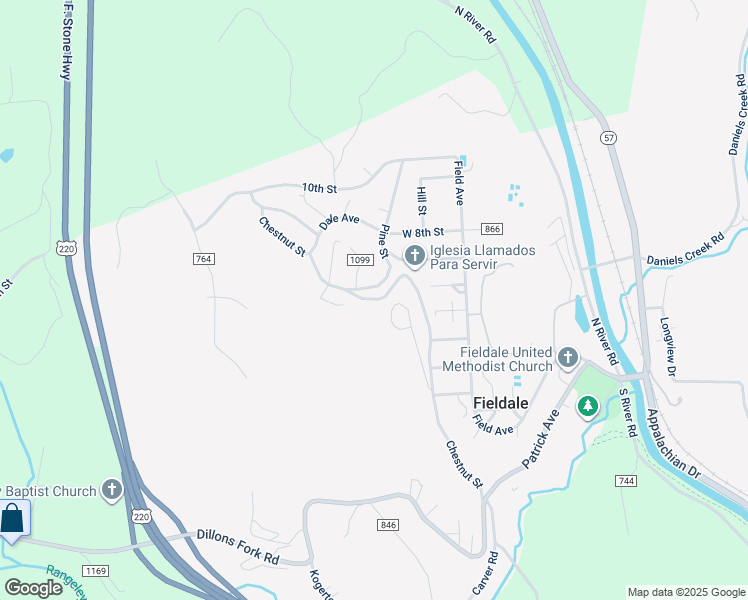 map of restaurants, bars, coffee shops, grocery stores, and more near Chestnut Street in Fieldale