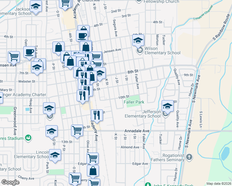 map of restaurants, bars, coffee shops, grocery stores, and more near 923 J Street in Sanger