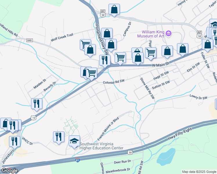map of restaurants, bars, coffee shops, grocery stores, and more near 735 Gilliam Street Southwest in Abingdon