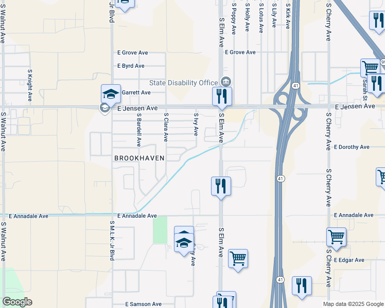 map of restaurants, bars, coffee shops, grocery stores, and more near 2681 South Ivy Avenue in Fresno