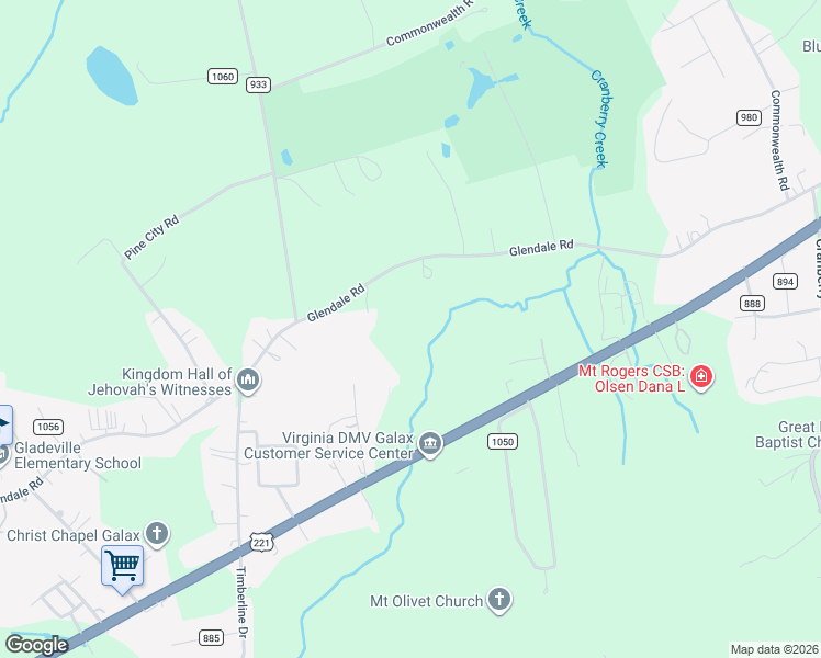 map of restaurants, bars, coffee shops, grocery stores, and more near 4048 Glendale Road in Galax