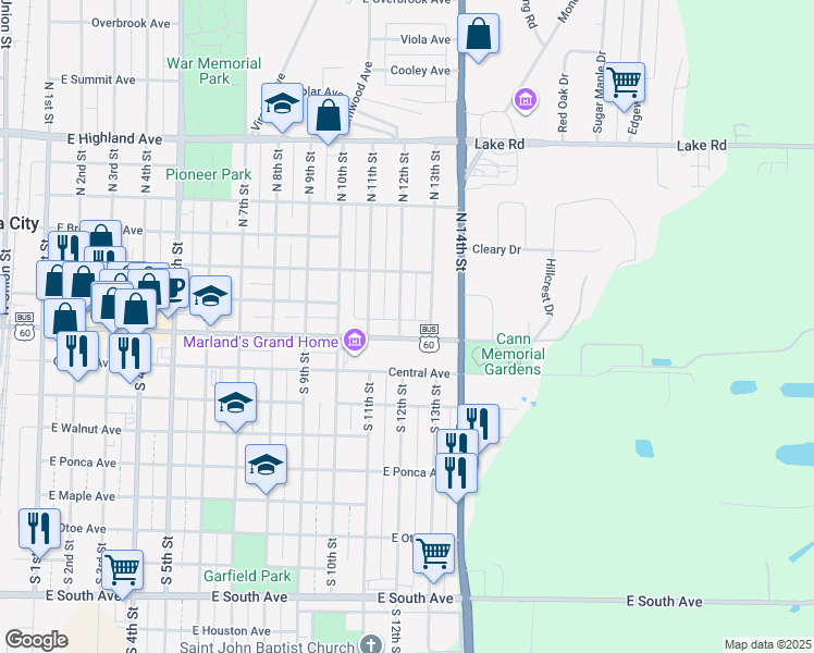 map of restaurants, bars, coffee shops, grocery stores, and more near 1201 E Grand Ave in Ponca City