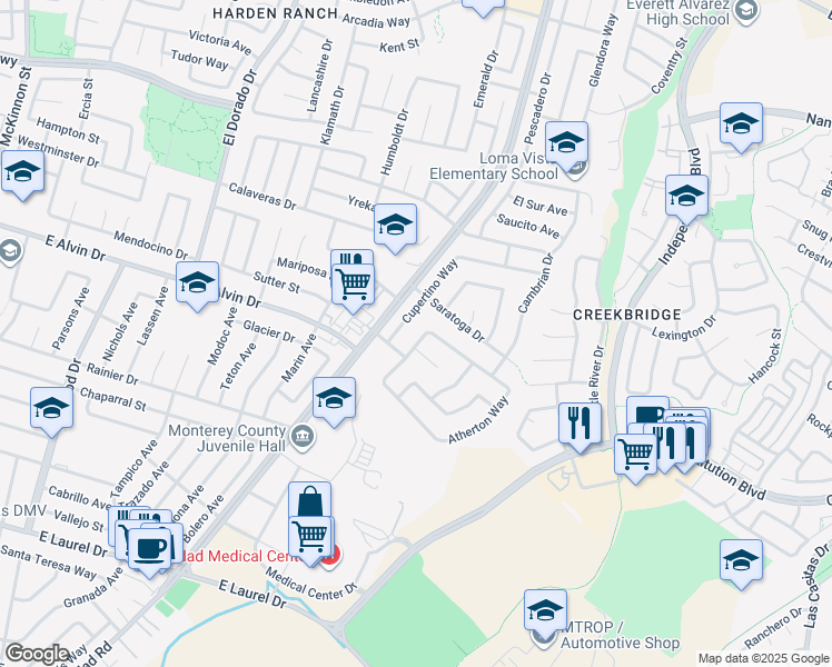 map of restaurants, bars, coffee shops, grocery stores, and more near 1519 Atherton Way in Salinas