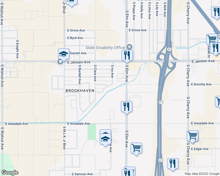 map of restaurants, bars, coffee shops, grocery stores, and more near 2681 South Ivy Avenue in Fresno