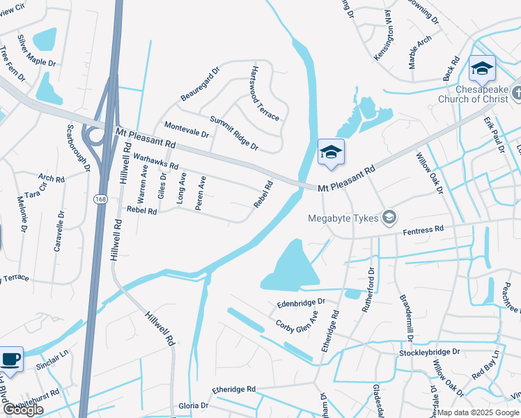 map of restaurants, bars, coffee shops, grocery stores, and more near 545 Rebel Road in Chesapeake