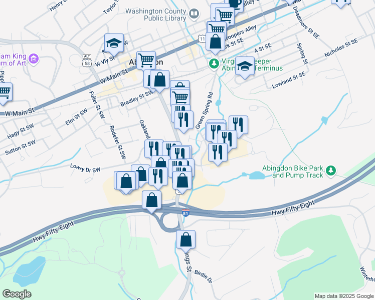 map of restaurants, bars, coffee shops, grocery stores, and more near 475 Green Spring Road in Abingdon
