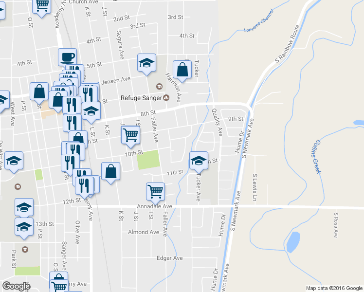 map of restaurants, bars, coffee shops, grocery stores, and more near 975 Harrison Avenue in Sanger