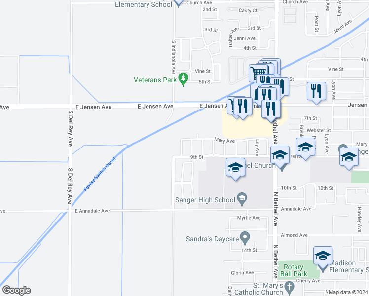 map of restaurants, bars, coffee shops, grocery stores, and more near 844 Rosewood Avenue in Sanger