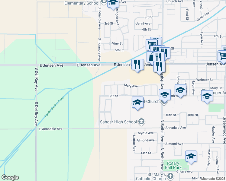 map of restaurants, bars, coffee shops, grocery stores, and more near 864 Pinewood Avenue in Sanger