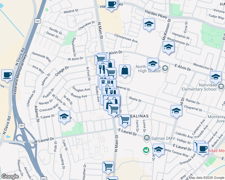 map of restaurants, bars, coffee shops, grocery stores, and more near 1339 North Main Street in Salinas
