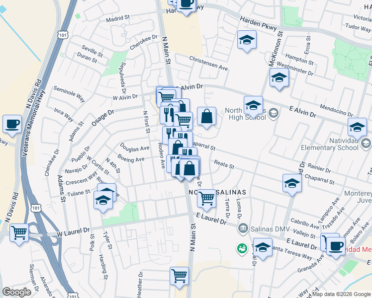 map of restaurants, bars, coffee shops, grocery stores, and more near 1339 North Main Street in Salinas