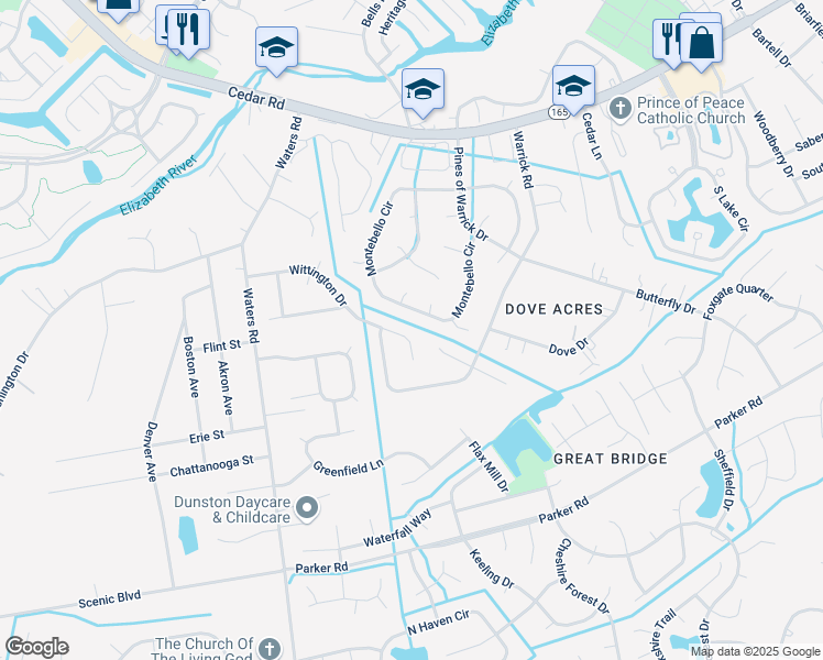 map of restaurants, bars, coffee shops, grocery stores, and more near 527 Wittington Drive in Chesapeake