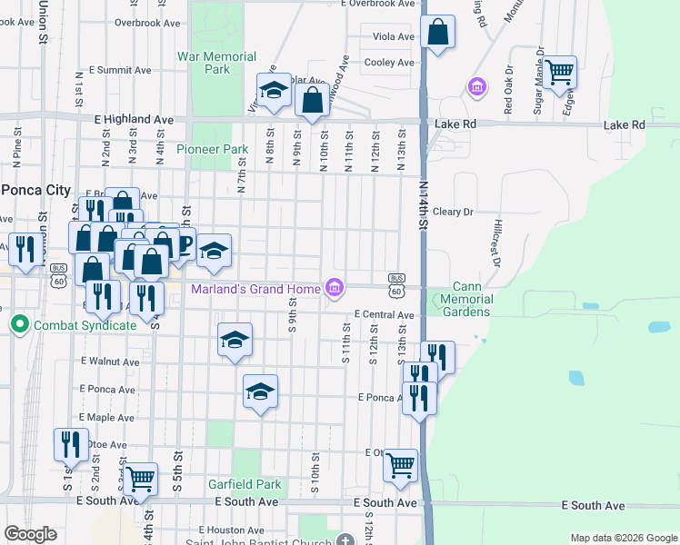 map of restaurants, bars, coffee shops, grocery stores, and more near 1101 East Grand Avenue in Ponca City