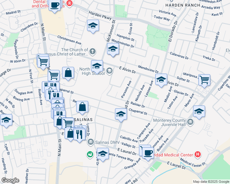 map of restaurants, bars, coffee shops, grocery stores, and more near 1421 Amador Circle in Salinas