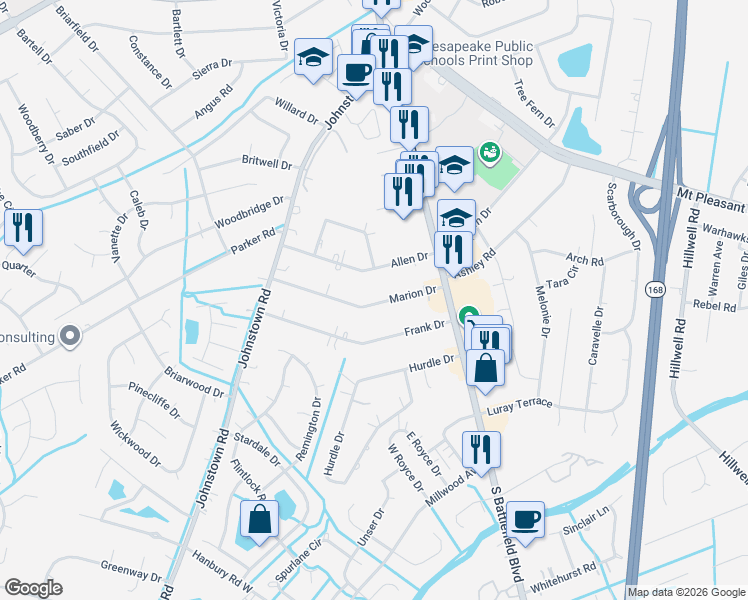 map of restaurants, bars, coffee shops, grocery stores, and more near 141 Marion Drive in Chesapeake