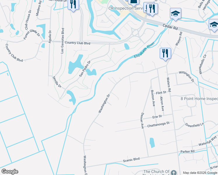 map of restaurants, bars, coffee shops, grocery stores, and more near 736 Washington Drive in Chesapeake