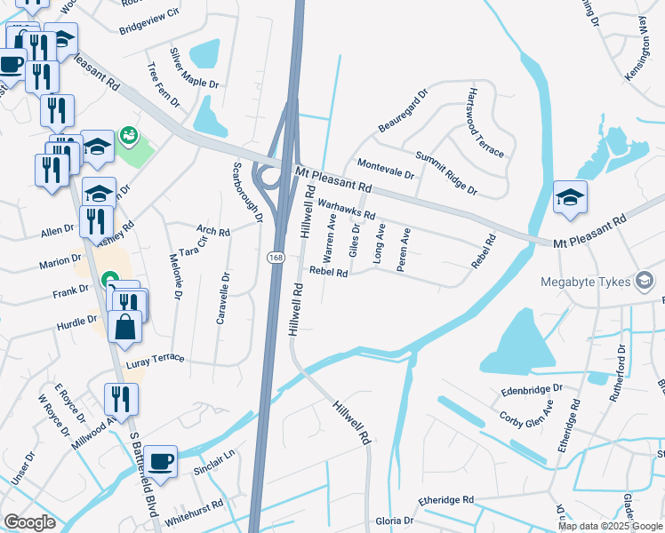 map of restaurants, bars, coffee shops, grocery stores, and more near 553 Warren Avenue in Chesapeake
