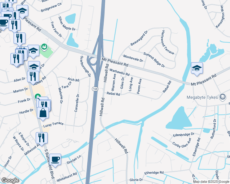 map of restaurants, bars, coffee shops, grocery stores, and more near 553 Warren Avenue in Chesapeake