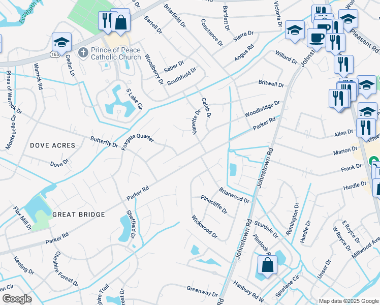 map of restaurants, bars, coffee shops, grocery stores, and more near 509 Parker Road in Chesapeake