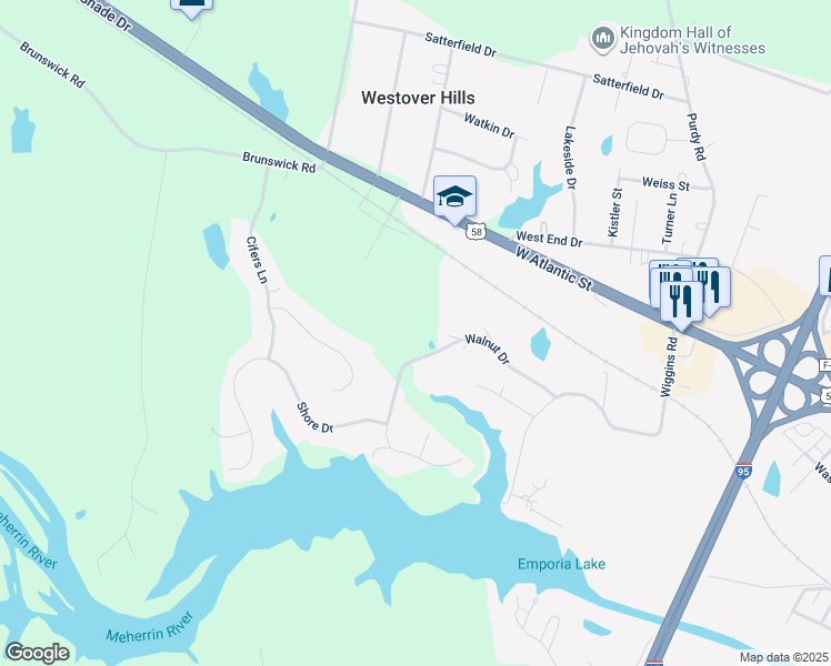 map of restaurants, bars, coffee shops, grocery stores, and more near 1612 Walnut Drive in Emporia