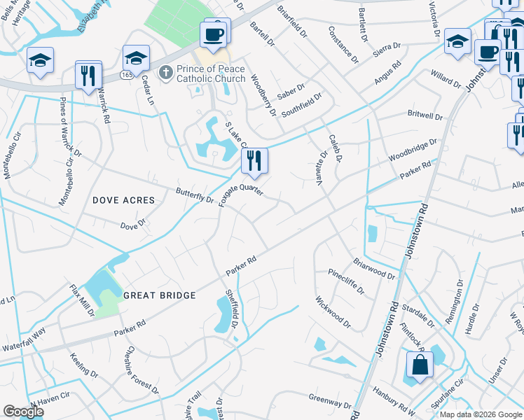 map of restaurants, bars, coffee shops, grocery stores, and more near 420 Southern Oaks Drive in Chesapeake