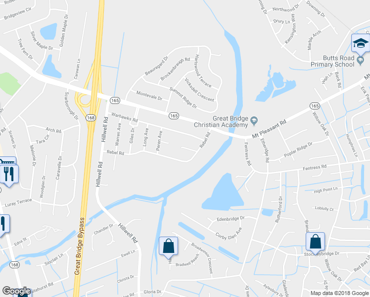 map of restaurants, bars, coffee shops, grocery stores, and more near 503 Dinwiddie Court in Chesapeake