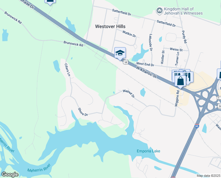 map of restaurants, bars, coffee shops, grocery stores, and more near 1612 Walnut Drive in Emporia