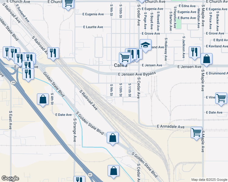 map of restaurants, bars, coffee shops, grocery stores, and more near 2692 South 9th Street in Fresno
