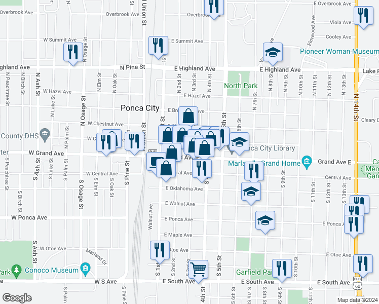 map of restaurants, bars, coffee shops, grocery stores, and more near 222 East Grand Avenue in Ponca City