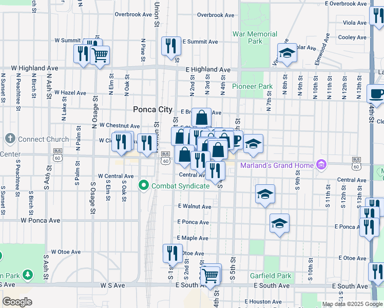 map of restaurants, bars, coffee shops, grocery stores, and more near 122 East Grand Avenue in Ponca City