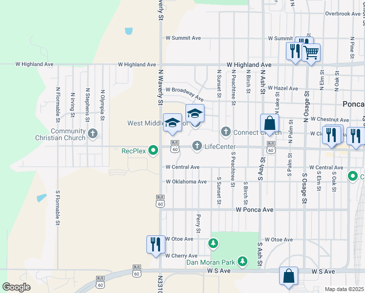 map of restaurants, bars, coffee shops, grocery stores, and more near 1501 West Grand Avenue in Ponca City