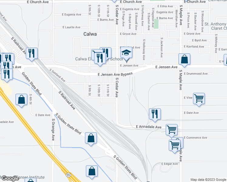 map of restaurants, bars, coffee shops, grocery stores, and more near 2680 South Cedar Avenue in Fresno