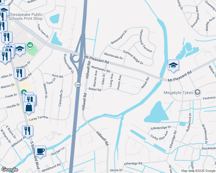 map of restaurants, bars, coffee shops, grocery stores, and more near 425 Rebel Road in Chesapeake