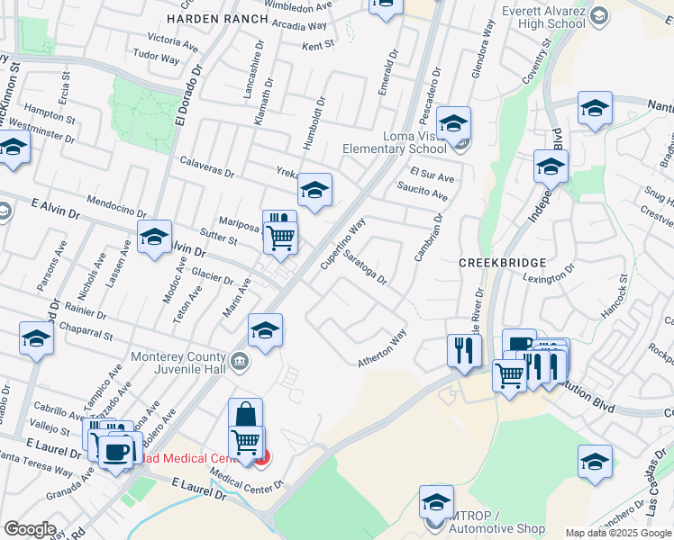 map of restaurants, bars, coffee shops, grocery stores, and more near 1527 Atherton Way in Salinas