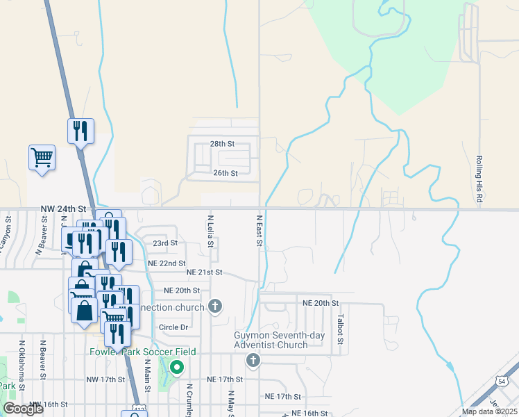 map of restaurants, bars, coffee shops, grocery stores, and more near East 24th Street in Guymon