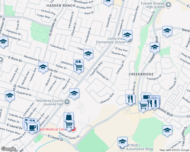 map of restaurants, bars, coffee shops, grocery stores, and more near 1527 Atherton Way in Salinas